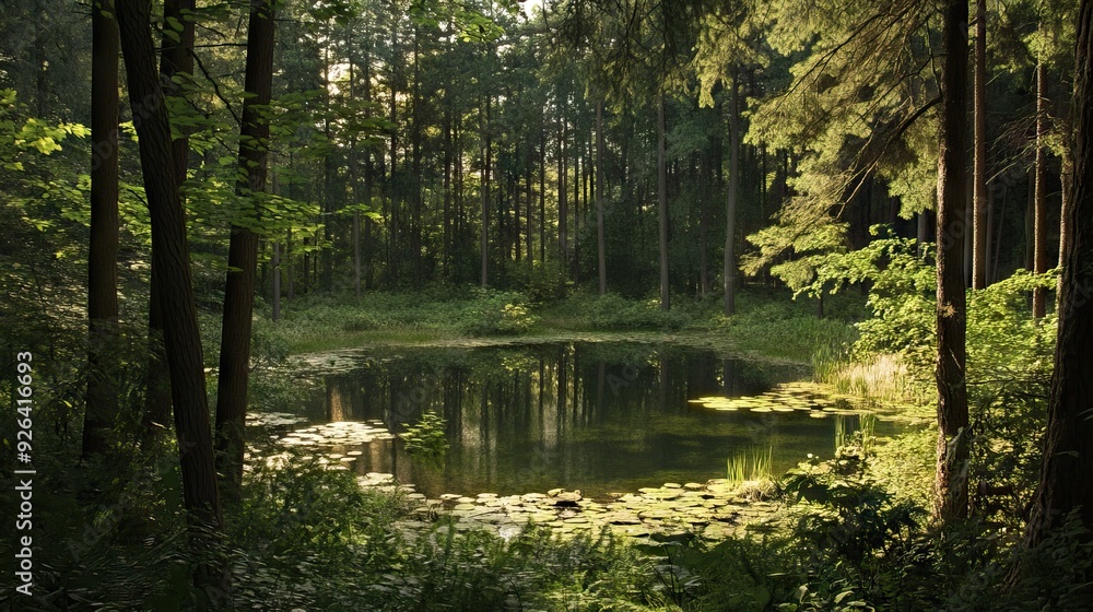Secluded Forest Glade with a Crystal-Clear Pond Surrounded by Towering Trees and Thick Underbrush. AI generated illustration Secluded Forest Glade with a Crystal-Clear Pond Surrounded by Towering Trees and Thick Underbrush. AI generated illustration