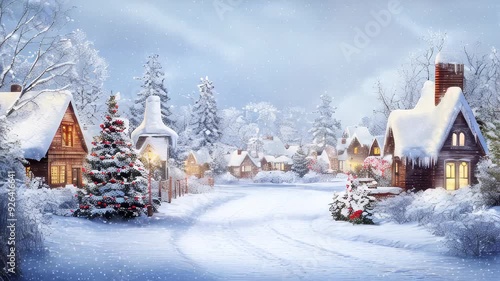 A picturesque snowy village with warmly lit cottages and decorated Christmas trees under falling snow.