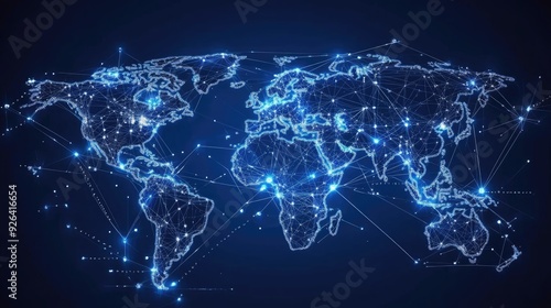 Abstract world map with glowing lines and data nodes illustrating global telecommunication networks. Vector design for business data connections and international networks.