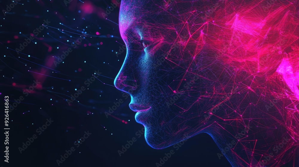 AI in 2D illustration, with a digital face and neural network elements. Represents artificial intelligence and futuristic tech concepts. Perfect for banners and tech content. AI in 2D illustration, with a digital face and neural network elements. Represents artificial intelligence and futuristic tech concepts. Perfect for banners and tech content.