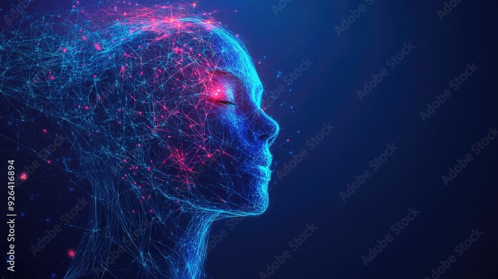 Obraz premium AI in 2D illustration, with a digital face and neural network elements. Represents artificial intelligence and futuristic tech concepts. Perfect for banners and tech content.