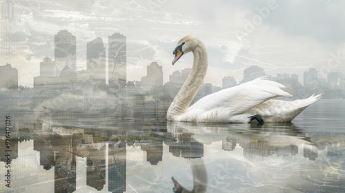 A serene swan glides through an urban landscape, reflecting the city's lights and mirroring the sky above. photo