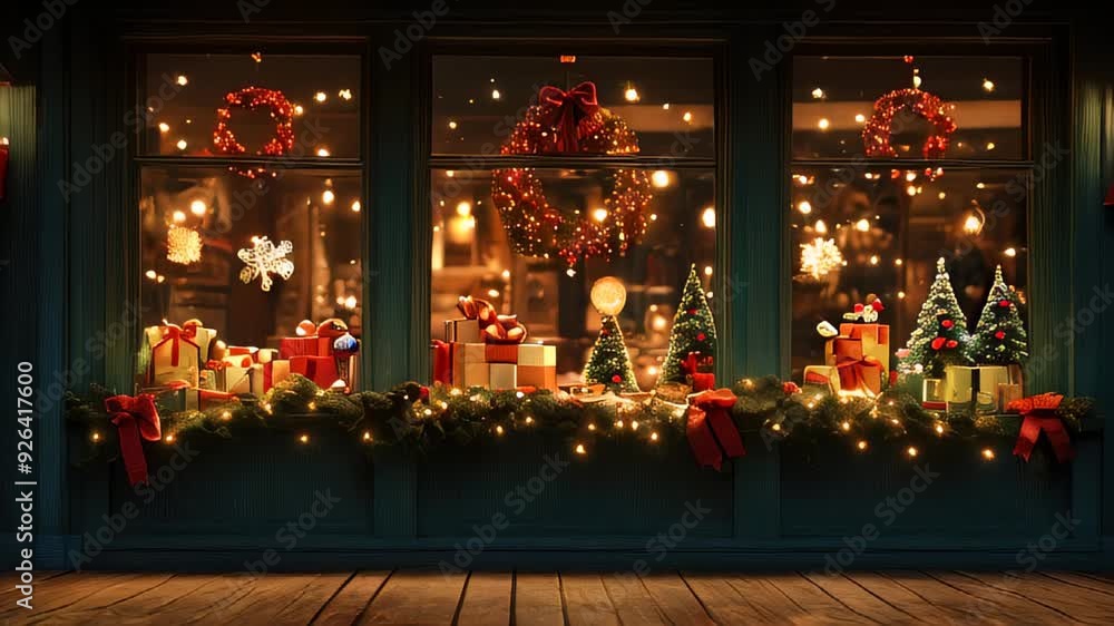 A charming Christmas-themed window display with wreaths, lights, and gifts, capturing the holiday spirit. A charming Christmas-themed window display with wreaths, lights, and gifts, capturing the holiday spirit.