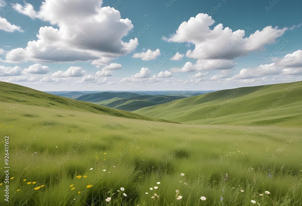 A grassy meadow with wildflowers in the foreground, surrounded by rolling green hills and a blue sky with fluffy white clouds A grassy meadow with wildflowers in the foreground, surrounded by rolling green hills and a blue sky with fluffy white clouds