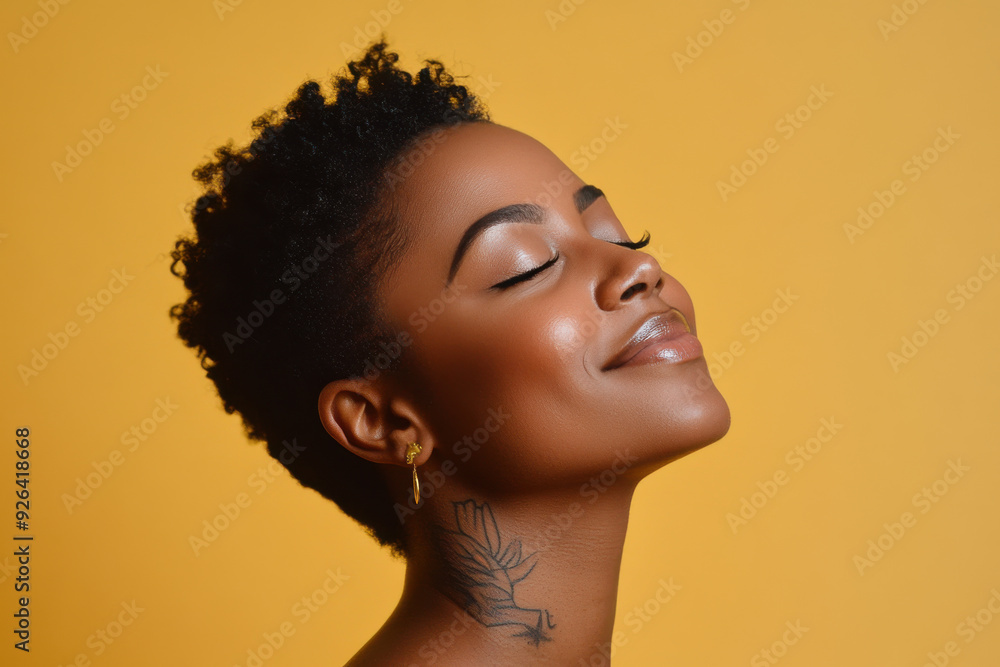A close up of a tattooed black woman's face with her eyes closed A close up of a tattooed black woman's face with her eyes closed