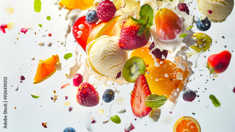 Vanilla ice cream balls with pieces of berries and fruits on a white background. Sweet dessert with ice cream and whipped cream. The fruit salad is a mixture of strawberries, blueberries, kiwis Vanilla ice cream balls with pieces of berries and fruits on a white background. Sweet dessert with ice cream and whipped cream. The fruit salad is a mixture of strawberries, blueberries, kiwis