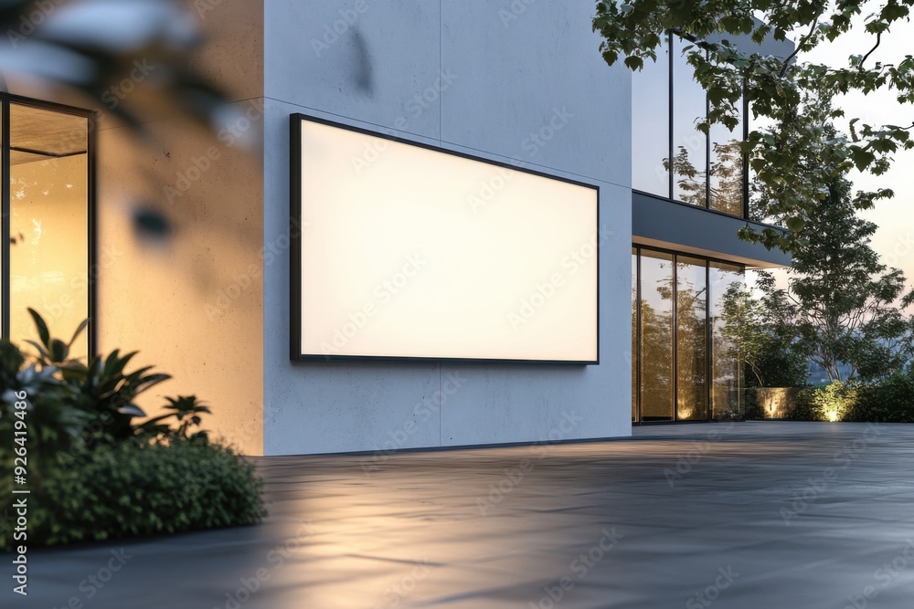 Upscale mockup of a backlit sign on an elegant building exterior at dusk Upscale mockup of a backlit sign on an elegant building exterior at dusk