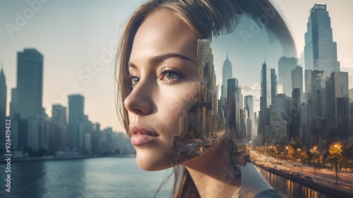 Silhouette of a young woman layered with cityscape, double exposure style