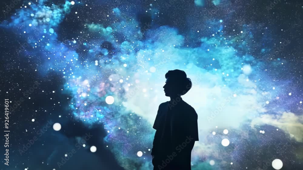 Silhouetted figure stands motionless against a cosmic backdrop. Expansive starry sky surrounds, with ethereal nebula enhanced by particle effects. Evokes wonder, solitude, and cosmic connection. Silhouetted figure stands motionless against a cosmic backdrop. Expansive starry sky surrounds, with ethereal nebula enhanced by particle effects. Evokes wonder, solitude, and cosmic connection.