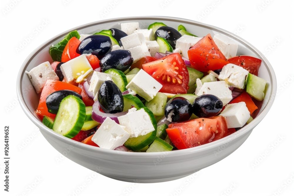 Colorful Greek salad in a white bowl with fresh ingredients. Includes tomatoes, cucumbers, olives, red onions, and feta cheese. Perfect for healthy eating concepts. Generative AI Colorful Greek salad in a white bowl with fresh ingredients. Includes tomatoes, cucumbers, olives, red onions, and feta cheese. Perfect for healthy eating concepts. Generative AI