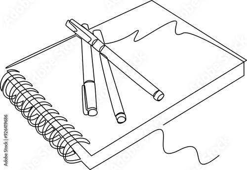 Diary book and pen one line art vector illustration