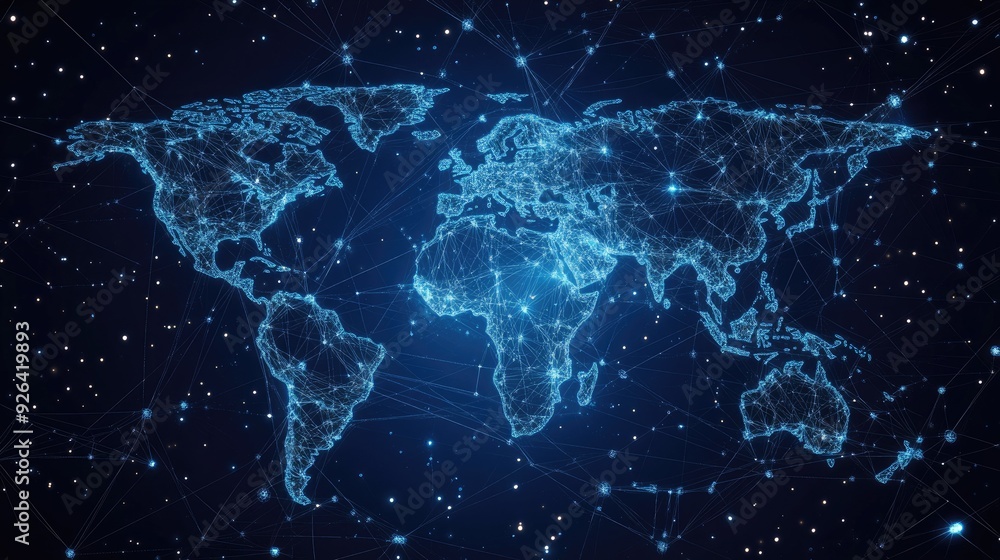 Contemporary world map design featuring abstract data connections and telecommunication network paths. Vector illustration representing global business and connectivity. Contemporary world map design featuring abstract data connections and telecommunication network paths. Vector illustration representing global business and connectivity.