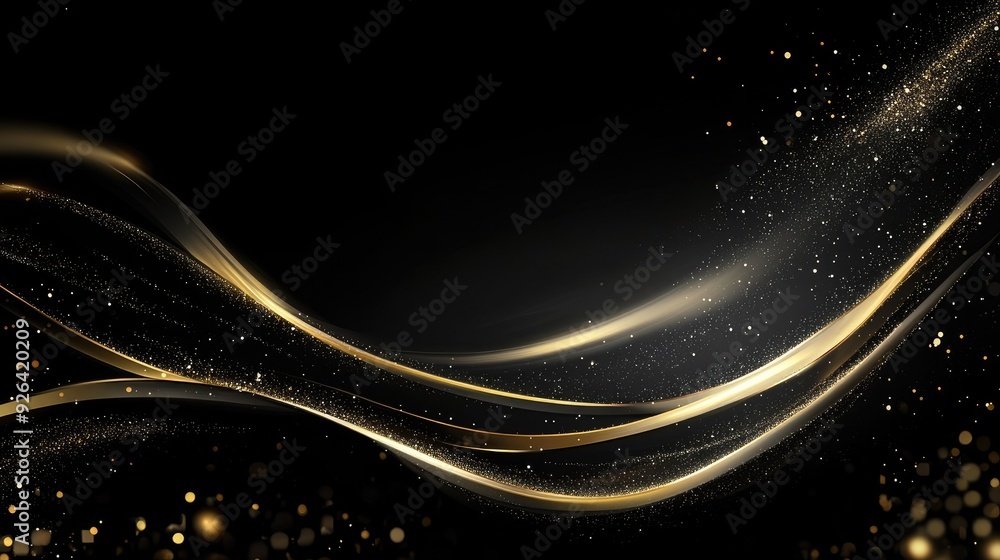 Curved gold lines with sparkling effects on a 3D black background, perfect for a luxury-style template with copy space for text. Curved gold lines with sparkling effects on a 3D black background, perfect for a luxury-style template with copy space for text.