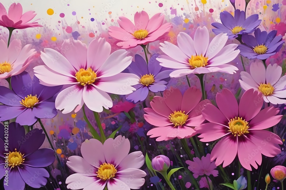Pink and purple cosmos flowers in a field. Pink and purple cosmos flowers in a field.