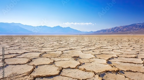 Vast, Desolate Landscape of Cracked Earth and Salt Flats with Distant Mountains and a Cloudless Sky. AI generated illustration