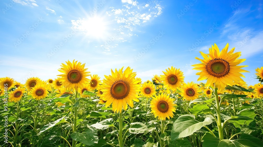 Open Field of Sunflowers Under a Clear Blue Sky, with Flowers Facing the Sun and a Gentle Breeze Moving Through Them. AI generated illustration