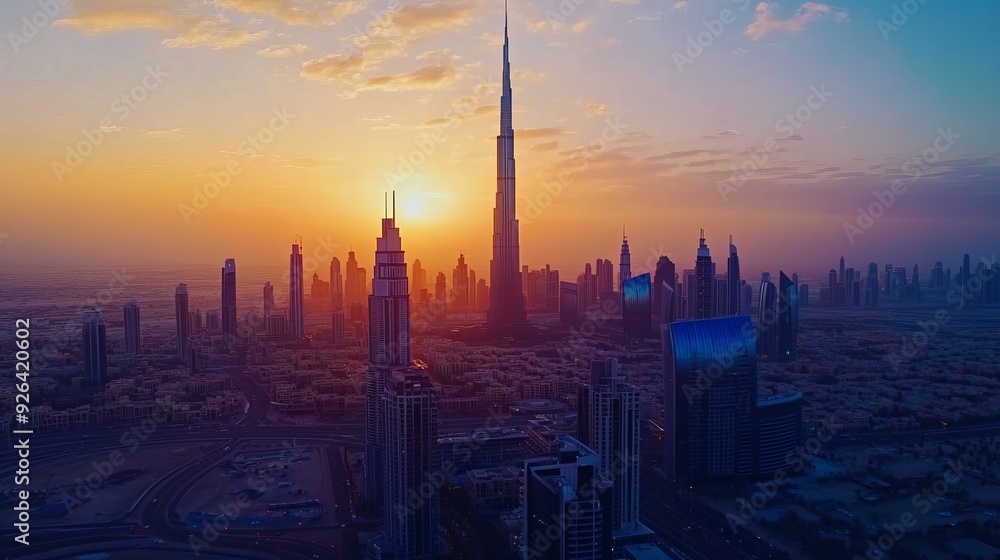 An aerial view of Dubai city bathed in the golden light of sunset. This panoramic perspective captures the sprawling urban landscape, highlighting Dubai's iconic skyscrapers and modern architecture. An aerial view of Dubai city bathed in the golden light of sunset. This panoramic perspective captures the sprawling urban landscape, highlighting Dubai's iconic skyscrapers and modern architecture.