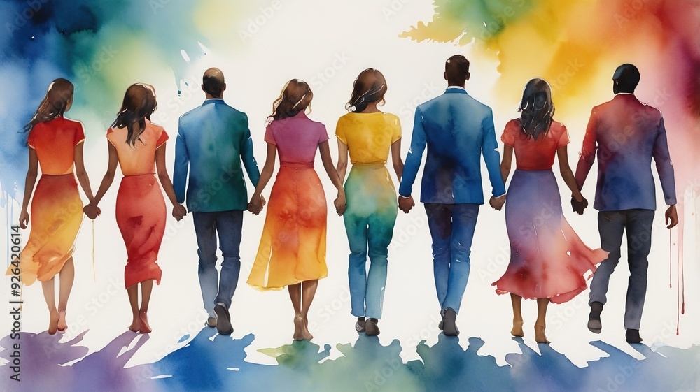Obraz premium Watercolor painting of united men and women, holding hands and moving forward in solidarity.