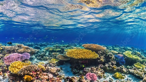 Vibrant Coral Garden Beneath a Tropical Sea with Colorful Corals and Schools of Fish Swimming Through Crystal-Clear Water. AI generated illustration