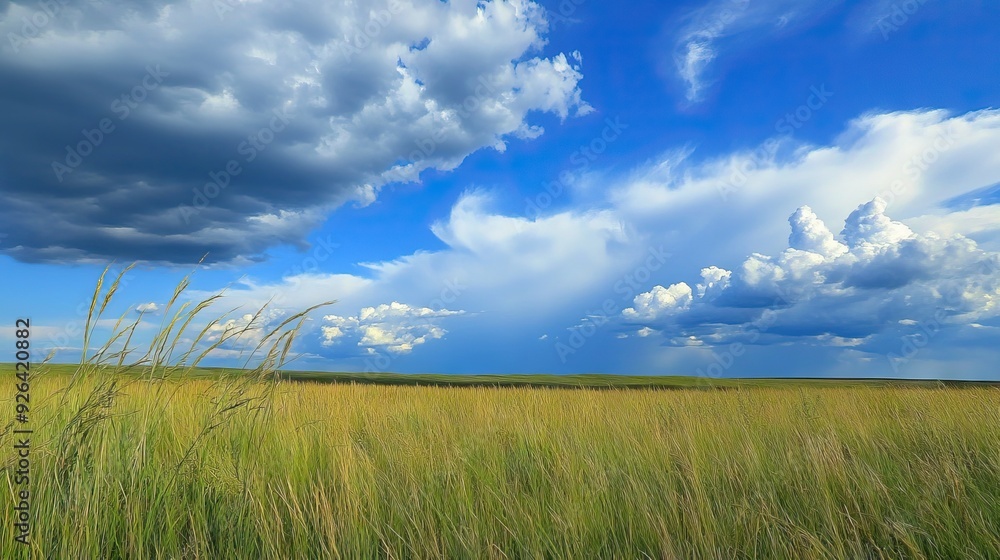 Wide-Open Prairie with Tall Grasses Waving in the Wind, Under a Vast Sky Filled with Towering Cumulus Clouds and Distant Thunder. AI generated illustration Wide-Open Prairie with Tall Grasses Waving in the Wind, Under a Vast Sky Filled with Towering Cumulus Clouds and Distant Thunder. AI generated illustration