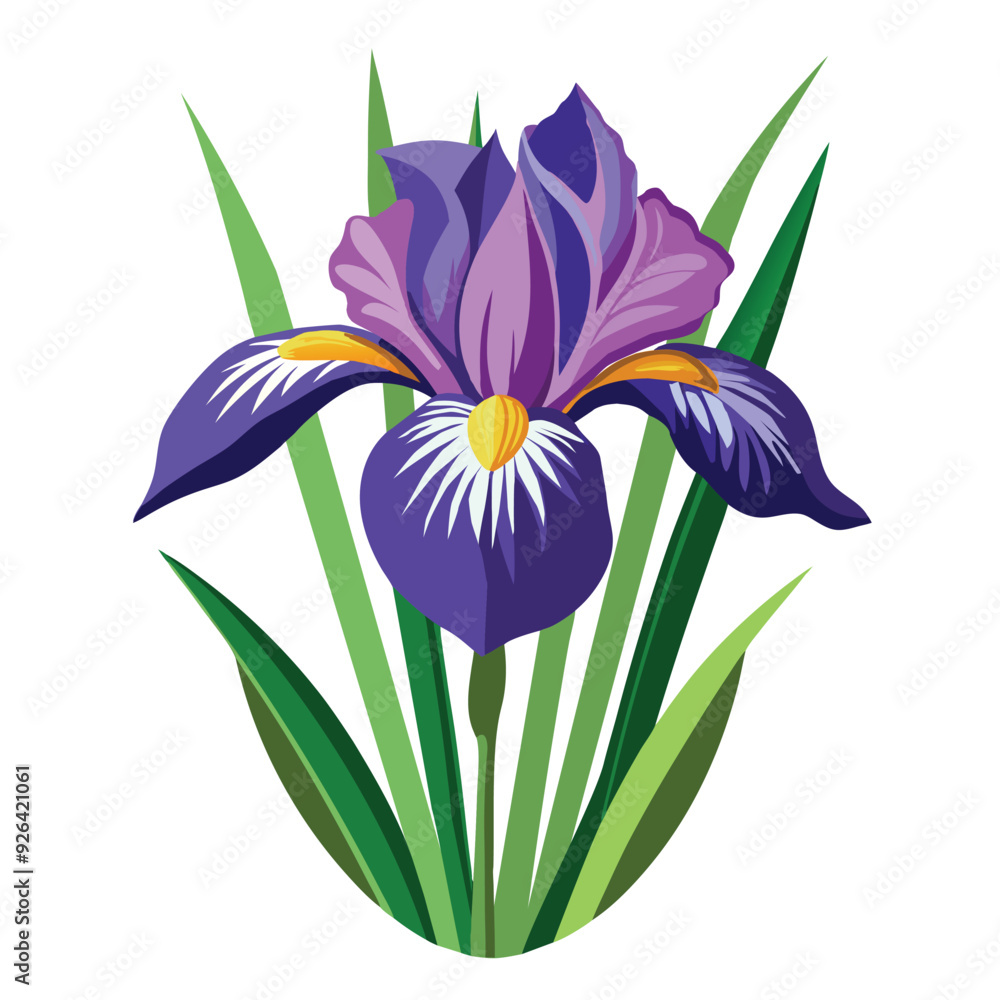 Fototapeta premium Irish blue-purple flowers, dark purple, purplish-black, straight leaves, light green to dark, beautiful on a white background.