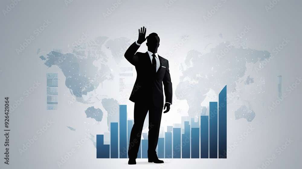 Suit-wearing businessman silhouette, arm extended in a gesture of achievement and success Suit-wearing businessman silhouette, arm extended in a gesture of achievement and success