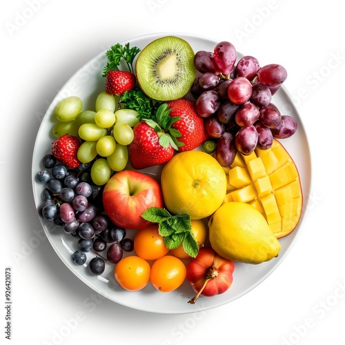 Fruits and vegetables on a plate, white background, colorful assortment of fruits and vegetables arranged on a plate, set against a clean white background, showcasing fresh and healthy options