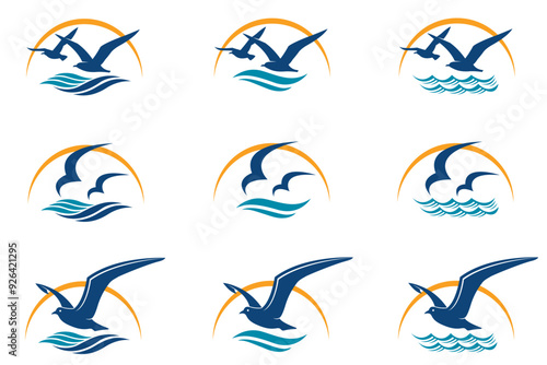 collection of icons with sea waves and seagulls isolated on white background