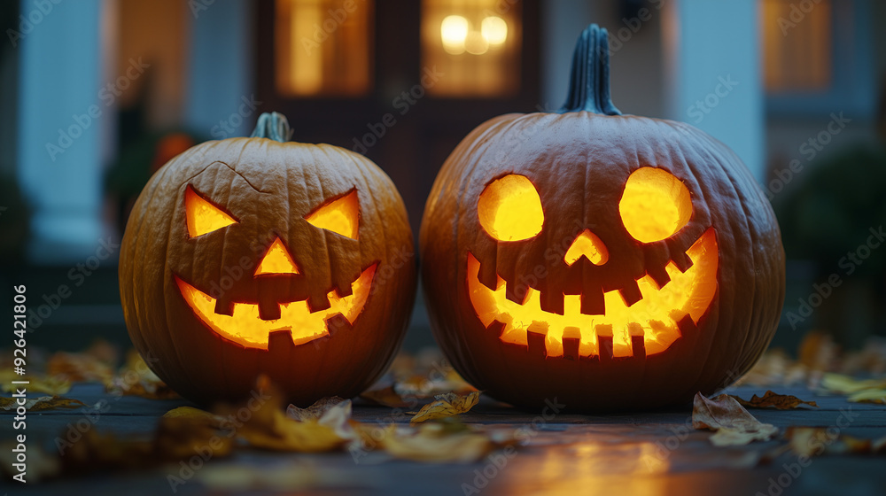 Halloween Jack-o-Lantern pumpkins in front of a house Halloween Jack-o-Lantern pumpkins in front of a house