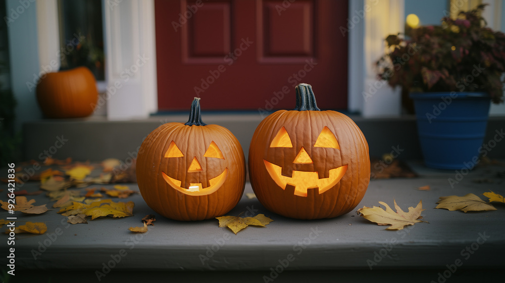 Obraz premium Halloween Jack-o-Lantern pumpkins in front of a house