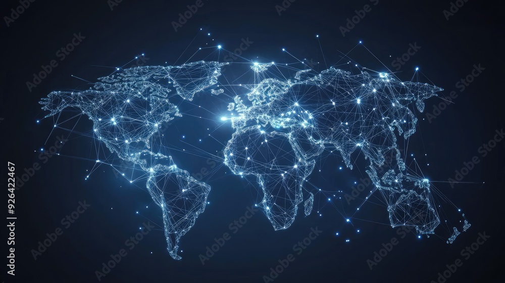 Digital world map with abstract global connections and data networks. Vector illustration of telecommunication links illustrating global business interactions. Digital world map with abstract global connections and data networks. Vector illustration of telecommunication links illustrating global business interactions.