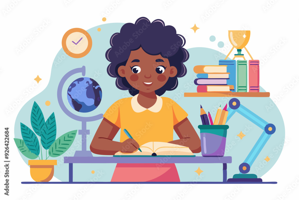 Studying. African American girl student at the desk studying science. Vector illustration
Studying. African American girl student at the desk studying science. Vector illustration