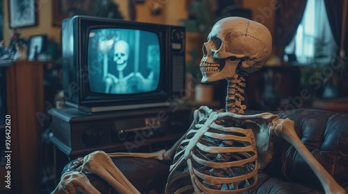 Rearview of skeleton sitting on a vintage armchair watching TV, dark humor concept in a nostalgic retro room with antique decor photo