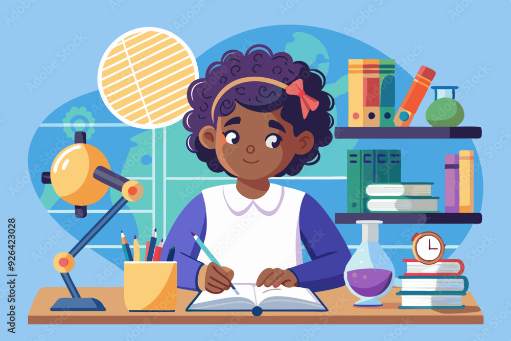Studying. African American girl student at the desk studying science. Vector illustration
Studying. African American girl student at the desk studying science. Vector illustration