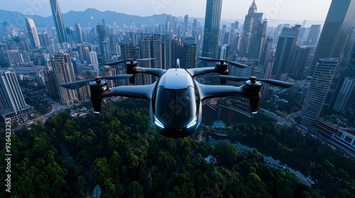 Electric VTOL air taxi landing on skyscraper