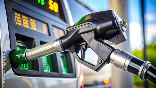 A close-up shot of a fuel pump nozzle with a digital display showing the amount of gasoline dispensed and the total cost, including taxes.
