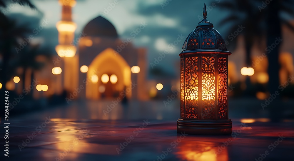 Eid Mubarak and Ramadan Kareem greetings with an Islam crescent, lantern, mosque banner backdrop Eid Mubarak and Ramadan Kareem greetings with an Islam crescent, lantern, mosque banner backdrop