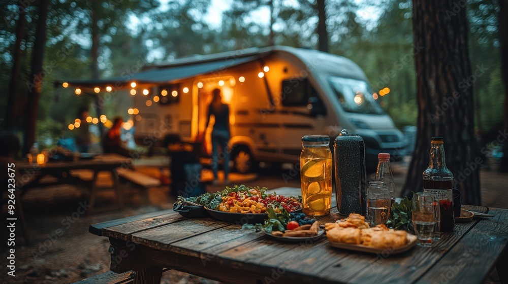 Camping picnic with food and drinks on a wooden table in front of a camper van, surrounded by warm lights and forest atmosphere, perfect for outdoor relaxation. Camping picnic with food and drinks on a wooden table in front of a camper van, surrounded by warm lights and forest atmosphere, perfect for outdoor relaxation.