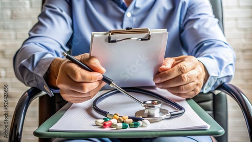 A close-up shot of a person's hands holding a document with a stethoscope and pills, symbolizing support for those seeking disability benefits assistance. photo