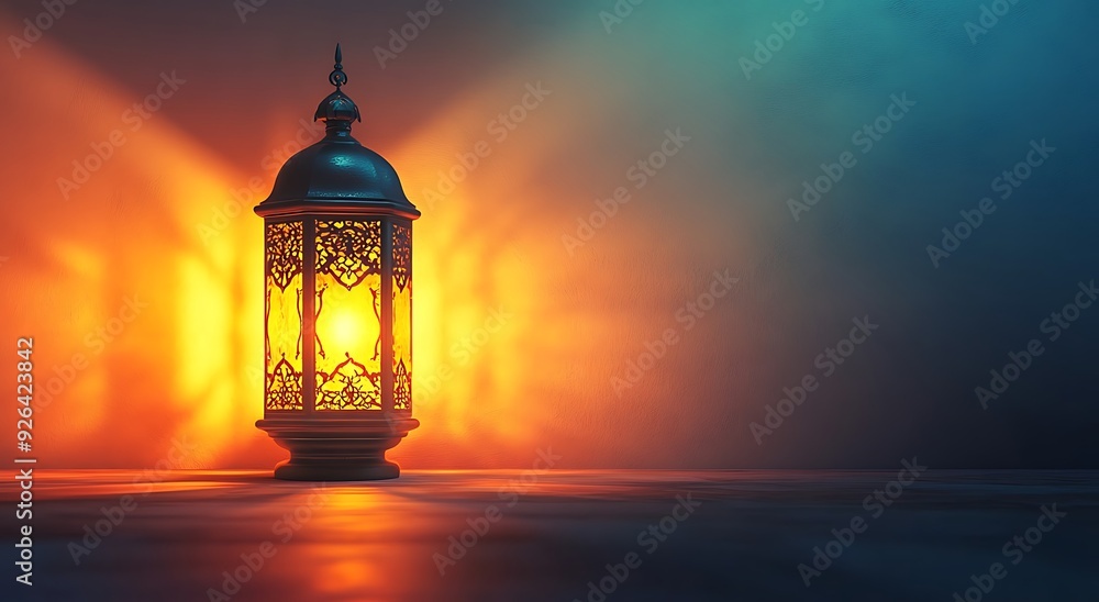 Eid Mubarak and Ramadan Kareem greetings with an Islam crescent, lantern, mosque banner backdrop Eid Mubarak and Ramadan Kareem greetings with an Islam crescent, lantern, mosque banner backdrop