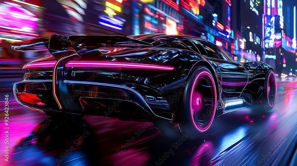 Flying car racing through neon-lit night city Flying car racing through neon-lit night city