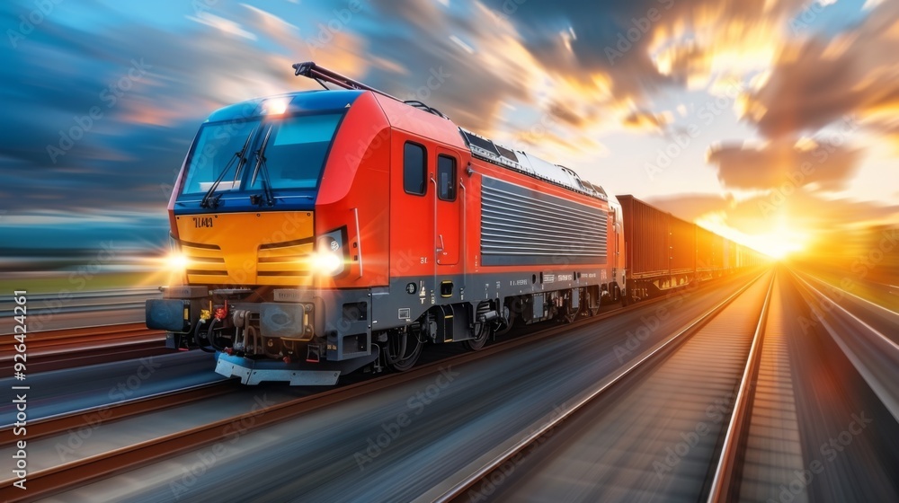Document the diversity of urban transportation with photos of a fast-moving cargo train hauling goods and commodities across vast expanses Document the diversity of urban transportation with photos of a fast-moving cargo train hauling goods and commodities across vast expanses