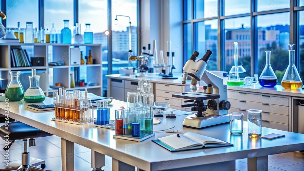 A cluttered laboratory table with various scientific equipment, microscopes, beakers, and test tubes, surrounded by papers and notes in a busy research environment. A cluttered laboratory table with various scientific equipment, microscopes, beakers, and test tubes, surrounded by papers and notes in a busy research environment.