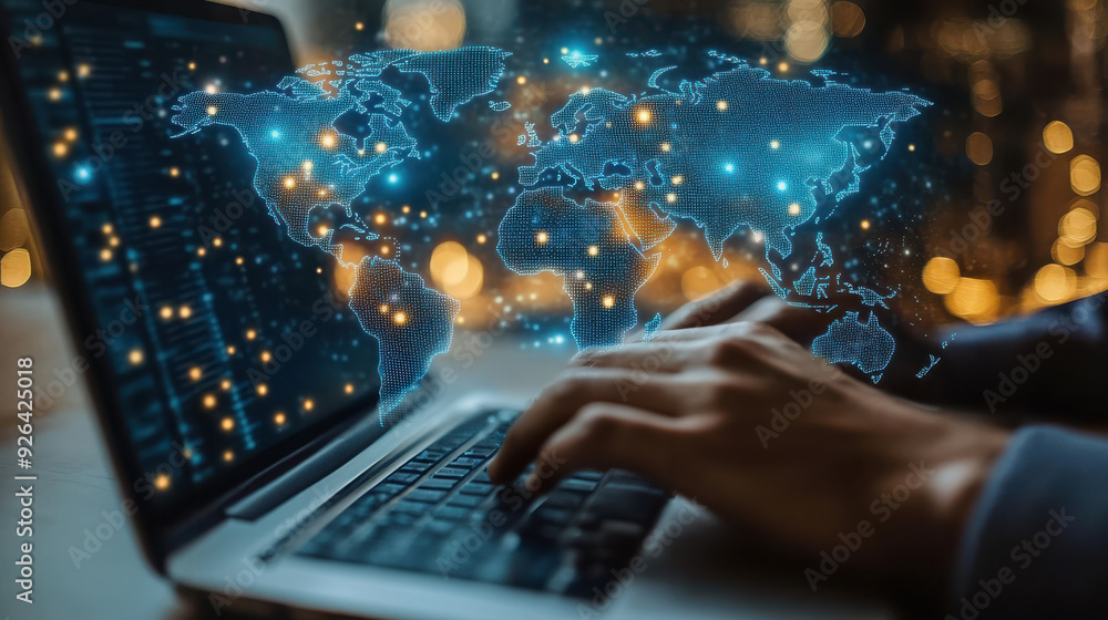 Hands typing on a laptop with a digital blue hologram world map on the screen, global technology interface in a dark room Hands typing on a laptop with a digital blue hologram world map on the screen, global technology interface in a dark room