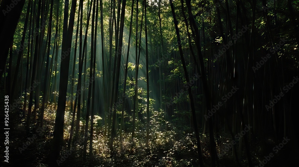 Sunlight Piercing Through a Dense Bamboo Forest, Creating Intricate Patterns of Light and Shadow on the Forest Floor. AI generated illustration