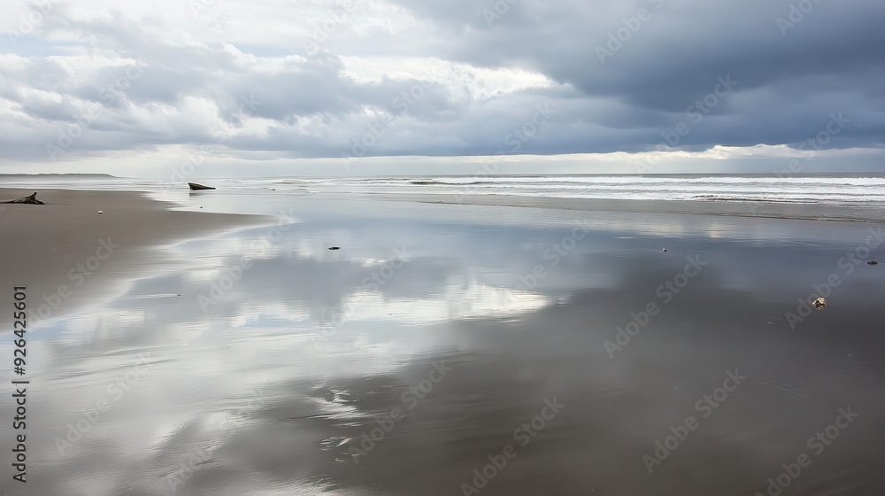 Desolate Beach at Low Tide with Reflective Wet Sand, Scattered Seashells, and Driftwood Along the Shoreline. AI generated illustration Desolate Beach at Low Tide with Reflective Wet Sand, Scattered Seashells, and Driftwood Along the Shoreline. AI generated illustration