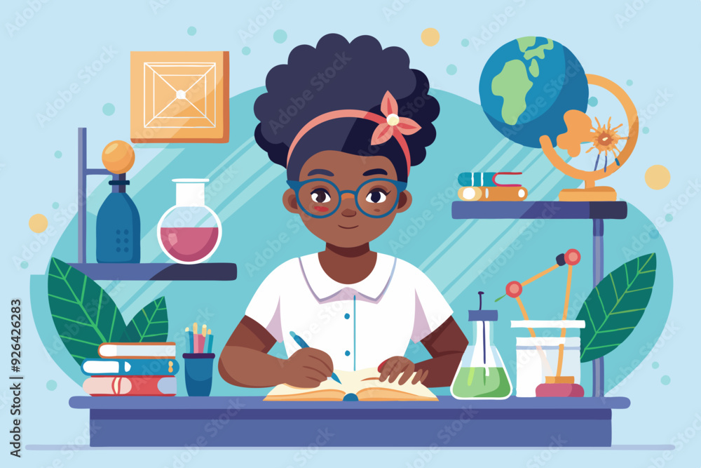 Studying. African American girl student at the desk studying science. Vector illustration
Studying. African American girl student at the desk studying science. Vector illustration