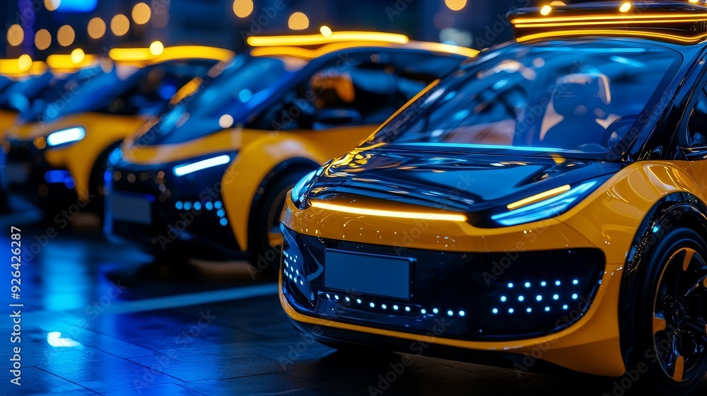 Fototapeta premium Self-driving taxi rank with various robot cars