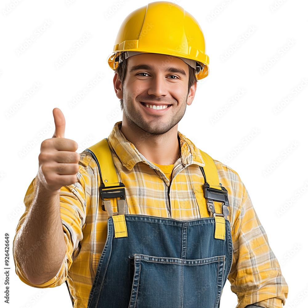 Male engineer smiling with hat after working showing thumb PNG displayed on plain white background Male engineer smiling with hat after working showing thumb PNG displayed on plain white background