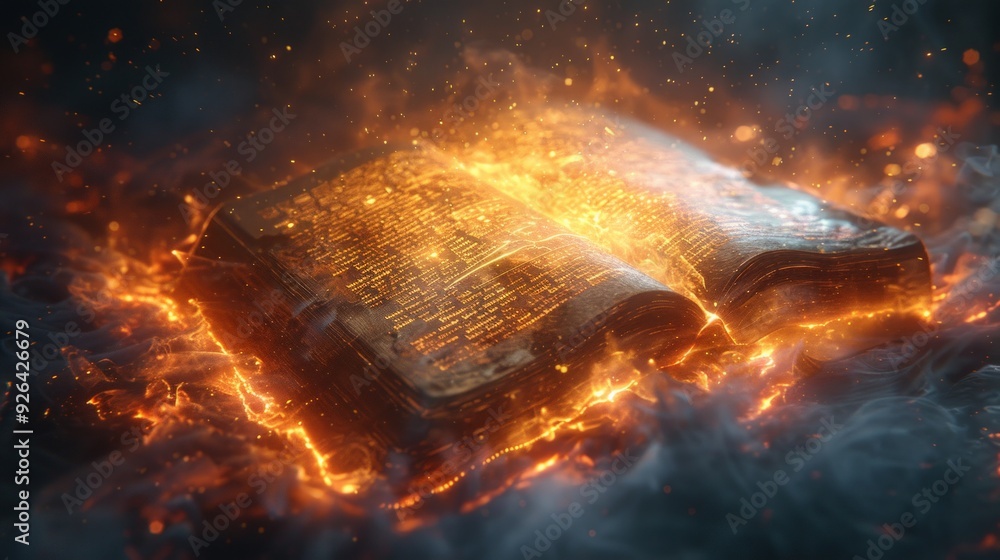 A floating, ancient book with glowing text, surrounded by golden dust, set against a deep, royal blue background, hinting at powerful sorcery. A floating, ancient book with glowing text, surrounded by golden dust, set against a deep, royal blue background, hinting at powerful sorcery.